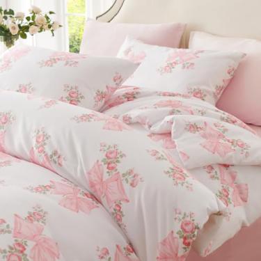 Imagem de CCoutueChen Capa de edredom com laço rosa, Queen, 3 peças, conjunto de cama floral rosa para meninas e crianças, roupa de cama com laço estilo princesa fofa, roupa de cama ultra macia com flores de