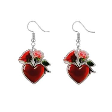 Imagem de Brinco feminino com coração vermelho e flor rosa pendente, leve, acrílico, floral, casamento, casamento, compromisso, noivado, aniversário, declaração, chique, joia delicada para namorada dos