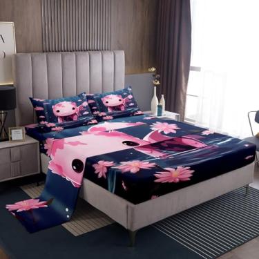 Imagem de Erosebridal Jogo de lençol casal com axolote floral rosa para meninos e meninas, decoração de quarto kawaii, desenho animado, flor de lótus, lençol com elástico, 4 peças