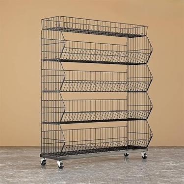 Imagem de Suporte de exibição grande de arame para lanche com rodas, prateleira de armazenamento de 5 camadas para frutas e vegetais, organizador de loja de varejo para batatas fritas de batata doce (cor: 5