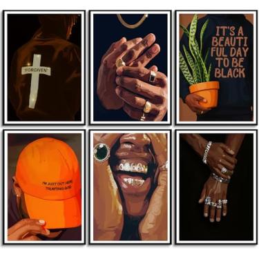 Imagem de 6 peças arte de parede em tela homem negro moda pintura afro-americana imagens decoração de parede homem negro tendência luxo rua pôsteres impressões arte para sala de estar quarto decoração de casa