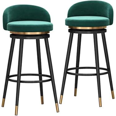 Imagem de Conjunto de 2 bancos de bar giratórios de veludo para cozinha doméstica, bancos de bar com encosto e apoio para os pés, base de metal para café da manhã, altura 65 cm, verde