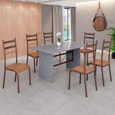 Imagem de Conjunto Sala de Jantar Mesa Retangular 140x75cm Tampo Granito Ocre 6 Cadeiras Marselha C. Marrom / Marrom