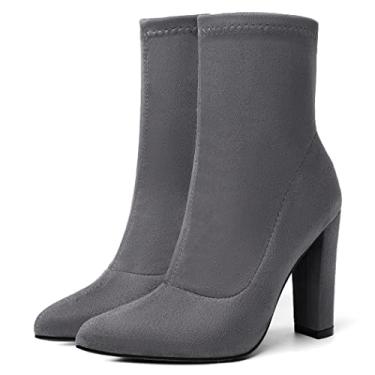 Imagem de risdoada Botas femininas de cano curto, salto grosso, bico fino, camurça, elástico, outono, inverno, salto alto, Cinza, 8.5