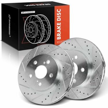 Imagem de A-Premium Rotores de freio a disco dianteiro perfurado e ranhurado de 10,04 polegadas (255 mm) compatíveis com modelos selecionados da Toyota - Corolla 2020/2022-2023, Prius 2016-2022, Prius Prime