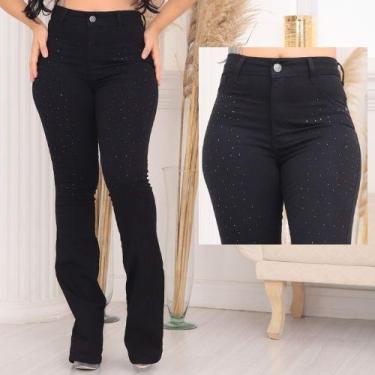 Imagem de Faraya Jeans Calça Flare Preta com strass/brilho aplicação Cintura alt