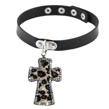 Imagem de NUEAYMS Colar gargantilha feminina com estampa de leopardo e pingente de cruz e gola cruzada, 42cm, Couro, Sem Pedra Preciosa