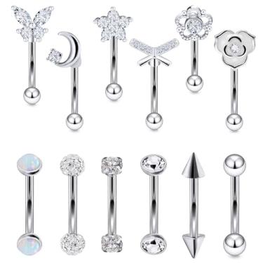 Imagem de Vsnnsns 16G Rook Daith Piercing Joias Aço Cirúrgico 8 mm Barra Curva Sobrancelha Anéis Helix Tragus Barbelly Lip Rings CZ Piercing Kit de Joias Cartilagem Daith Rook Brincos para Mulheres Homens 12 peças, Metal Cristal Strass, Cristal