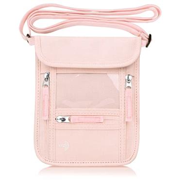 Imagem de WALNEW Carteira de viagem com porta-passaporte para mulheres e homens, carteira de viagem fina com bloqueio de RFID e alça de cordão ao redor do pescoço, rosa, carteira RFID