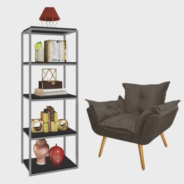 Imagem de Kit Poltrona Fatte com Estante Livreiro Ferro Cinza mdf Preto Suede Cinza - Ahazzo Móveis