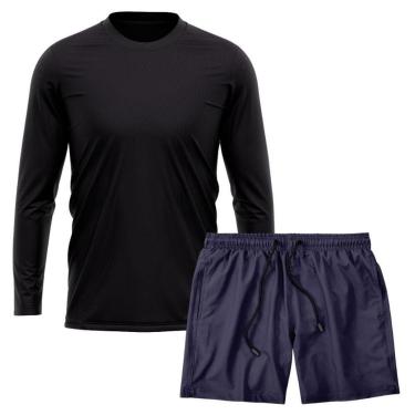 Imagem de Kit Camiseta Manga Longa Dry Preta + Short Tactel Academia Caminhada Gênero:Homem;Tamanho:M;Cor:-Masculino