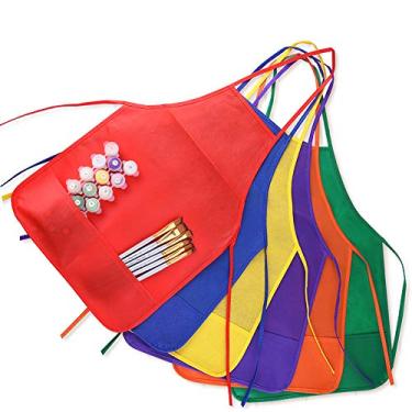 Imagem de KUUQA Pacote com 12 aventais infantis de 6 cores, aventais de pintura infantil, com 2 bolsos espaçosos para cozinha e sala de aula (pincéis não incluídos)