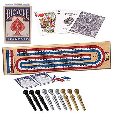 Imagem de Jogo de Cribbage Board da Bicycle 3 Pistas Codificado por Cores Real Pine Wood Cribbage Game com Baralho de Bicicleta e Pegs de Cribbage de Metal Premium