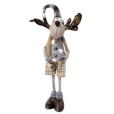 Imagem de Rena Em Pé Rústico Cinza E Marrom, Bermuda Xadrez, Braços E Gorro Maleável 60cm - Cromus