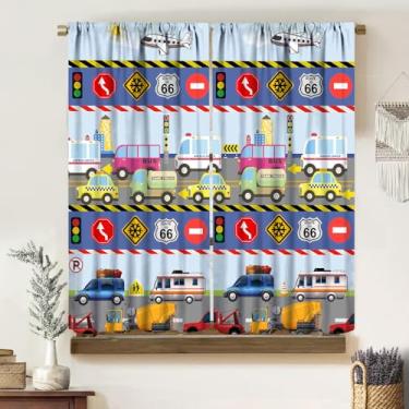Imagem de Cortinas de carro para quarto de crianças, desenho animado retrô, trator de carro, trator escavadora, transporte urbano, veículos impressos, blecaute, bolso para varão, tratamentos de janela, cortinas