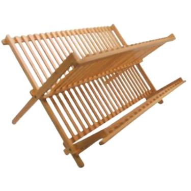 Imagem de Escorredor de Louça em Madeira, Dobrável, 2 Níveis, Suporte para Pratos e Talheres