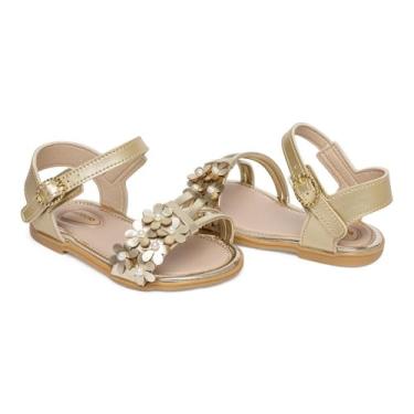 Imagem de Sandália Anatomica Infantil Dourada com Flores e Pérolas, Tira Ajustável, Solado Antiderrapante, 1-3 Anos