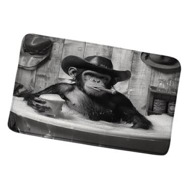 Imagem de QWRSMYX Tapete de banho engraçado macaco cowboy ocidental chimpanzé na banheira preto branco animal vida selvagem vintage meninos homens tapetes de banheiro quarto cozinha banheiro capacho 45 x 75 cm