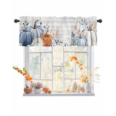 Imagem de Cortina de outono para janelas, azul, abóbora, bolso de varão, sanefa, tratamentos de janela, folhas, floral, grão de madeira, ação de graças, férias, cortinas curtas para cozinha, janelas, sala de