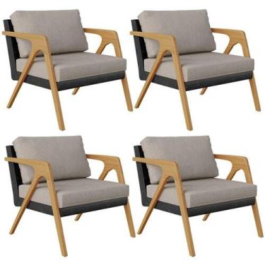 Imagem de Kit 04 Poltronas L02 material sintético Preto Linho Bege - LYAM DECOR