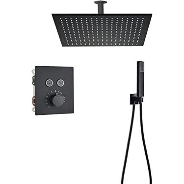 Imagem de CUTPOIY Conjunto de chuveiro sistema de chuveiro termostático oculto conjunto de torneira de chuveiro preto fosco montado na parede conjunto de torneira de chuveiro com chuveiro de mão e chuveiro de