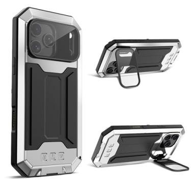 Imagem de FunnyWin Capa de metal compatível com iPhone 17 Pro com suporte para câmera Gorilla Glass integrada, híbrida, militar, armadura de silicone resistente, capa de telefone para homem e mulher (prata)