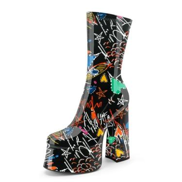 Imagem de Perisis Bota feminina de cano curto com plataforma GoGo, salto alto, redondo, com zíper, de couro, cano médio, para festa rave, Graffiti Black Patent, 36