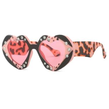 Imagem de Óculos de Sol Femininos de Luxo em Formato de Coração com Diamantes e Strass (C4PinkFlower-Pink)