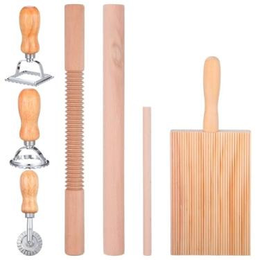 Imagem de Hpmjz Kit de ferramentas para fazer macarrão de nhoque com 7 peças, rolo de massa roscado de madeira, carimbo de ravióli, cortador de macarrão, cortador de macarrão, presente de cozinha caseiro para