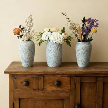 Imagem de BEAHOT Conjunto de vasos de cerâmica vintage – Trio de cerâmica azul e branco feito à mão de 17 cm com esmalte salpicado – vasos pequenos decorativos para decoração de casa, exibição de prateleira