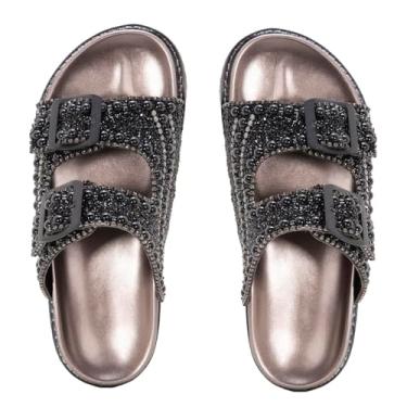 Imagem de Sandália Birken Feminina Glamour, Preta com Pedrarias e Pérolas, Plataforma 3.5cm, Couro Sintético, Estilo Moderno, para Eventos e Passeios (Preto-Prata, BR, Adulto, Numérico, 34)