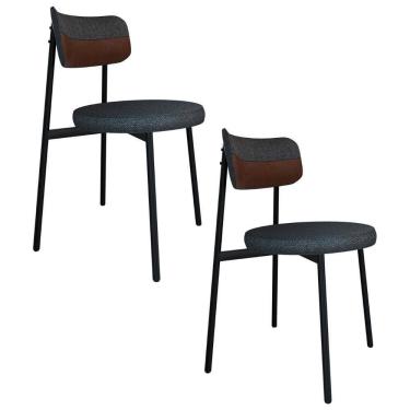 Imagem de Cadeira De Jantar Estofada Kit 2 Nyka M25 Linho Grafite/marrom - Mpozenato