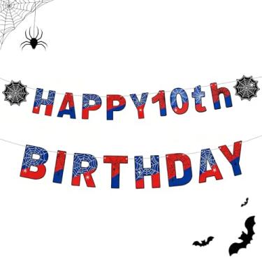 Imagem de Banner de feliz aniversário com tema de aranha – Decorações de festa de super-heróis para crianças, guirlanda de cartolina com glitter azul vermelho com teias de aranha, pano de fundo de aniversário