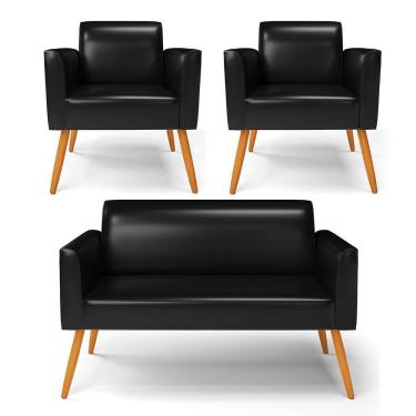 Imagem de Sofá Namoradeira Com 2 Poltronas Pés Palito Castanho Marisa Corano D03 - D\&#039rossi Cor Preto