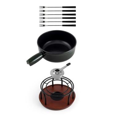 Imagem de Swissmar Conjunto de fondue de ferro fundido Ticino com interior esmaltado, 2L / 2 QT – 9 peças panela de fondue de queijo e chocolate com garfos, queimador e base de madeira de faia – perfeito para