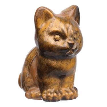 Imagem de moonsix Estátua de gato de cristal de pedra olho de tigre de 3,8 cm, esculpida à mão, estatueta de gato da sorte sentado com animais fofos, pedra de bolso para decoração de escritório em casa