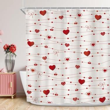 Imagem de Imirell Cortina de chuveiro feliz dia dos namorados 152 cm L x 182 cm romântico vermelho amor coração onda padrão linhas laço morden feminino doce adorável tecido impermeável poliéster com pacote com