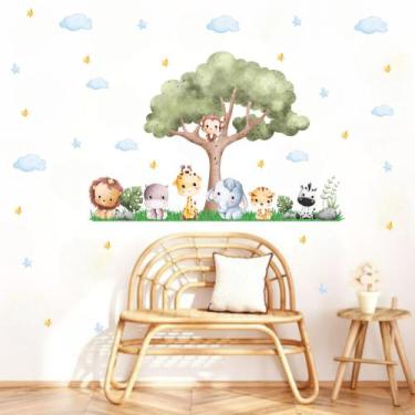 Imagem de Adesivo De Parede safari aquarela animais cute baby leão girafa zebra 