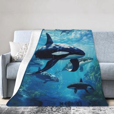 Imagem de Cobertor grande ultramacio com estampa de baleias assassinas nadam junto, perfeito para cama, sofá e viagens, manta de flanela aconchegante e quente