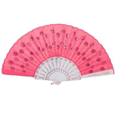 Imagem de Leque de mão dobrável de renda de plástico rosado com decoração de lantejoulas para festivais de dança, casamentos e decoração diária, variante rosa vermelha