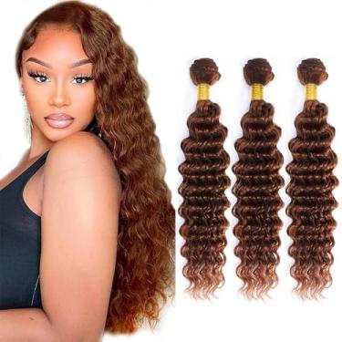 Imagem de Auburn Feixes de cabelo humano castanho avermelhado onda profunda mechas de cabelo humano 51 cm 51 cm vermelho cobre cor 33 pacote profundo solto não processado extensões de cabelo Remy ofertas