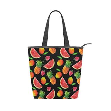 Imagem de Bolsa feminina de lona durável de aquarela, abacaxis, manga, melancia e morango, sacola de compras de grande capacidade