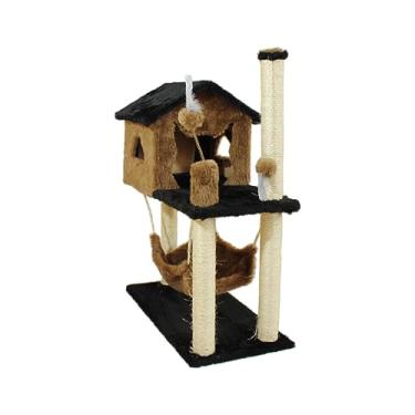 Imagem de Arranhador Casa para Gato com Brinquedo e Poste de Sisal – Marrom Claro