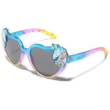 Imagem de ShadyVEU Óculos de sol infantil unicórnio com glitter, cor de arco-íris, formato de coração, óculos de sol para festa mágica à prova de quebra (armação azul amarela/lente fumaça)