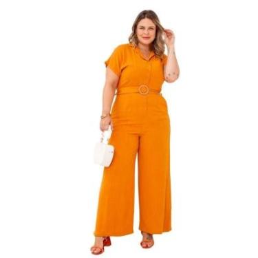 Imagem de Macacão Plus Size longo feminino com cinto pantalona elegante em linho confortável-Feminino