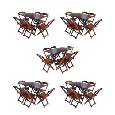 Imagem de Kit 5 Conjuntos de Mesa Dobravel com 6 Cadeiras de Madeira 120x70 para Restaurante e Bar - Imbuia