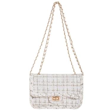 Imagem de FGJKKK Bolsas femininas de tweed e bolsa de couro PU corrente de lã bolsa de ombro bolsas de ombro bolsa transversal axila clutch, Branco-1