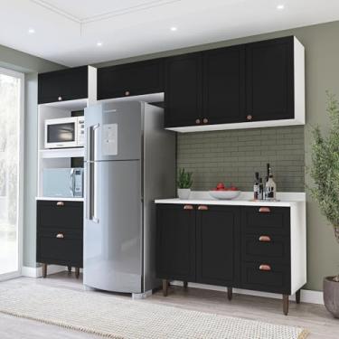 Imagem de Cozinha Pérola 4 Peças Torre Quente Basculante Aéreo 3 Portas e Balcão 2 Gavetas 3 Portas com Tampo Branco/Preto