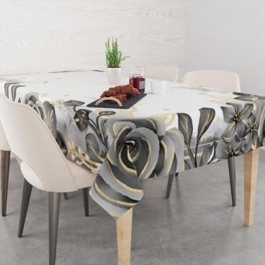 Imagem de Toalha De Mesa Retangular 6 Lugares Tecido Oxford Rosas Pretas e Doura