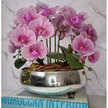 Imagem de Arranjo Com 4 Orquídeas Violeta Vaso Prata 28cm - FLORESCER DECOR
